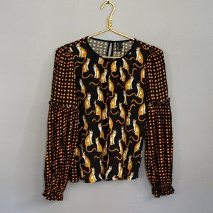 Anthropologie Leopard Polka Dot Colorblock Long Sleeve Blouse